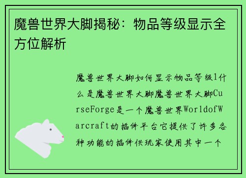 魔兽世界大脚揭秘：物品等级显示全方位解析